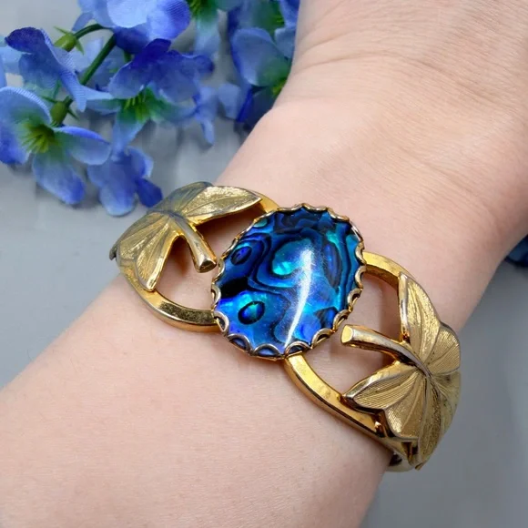 Genuine Abalone Shell Vintage Bangle Bracelet - Picture 2 of 7